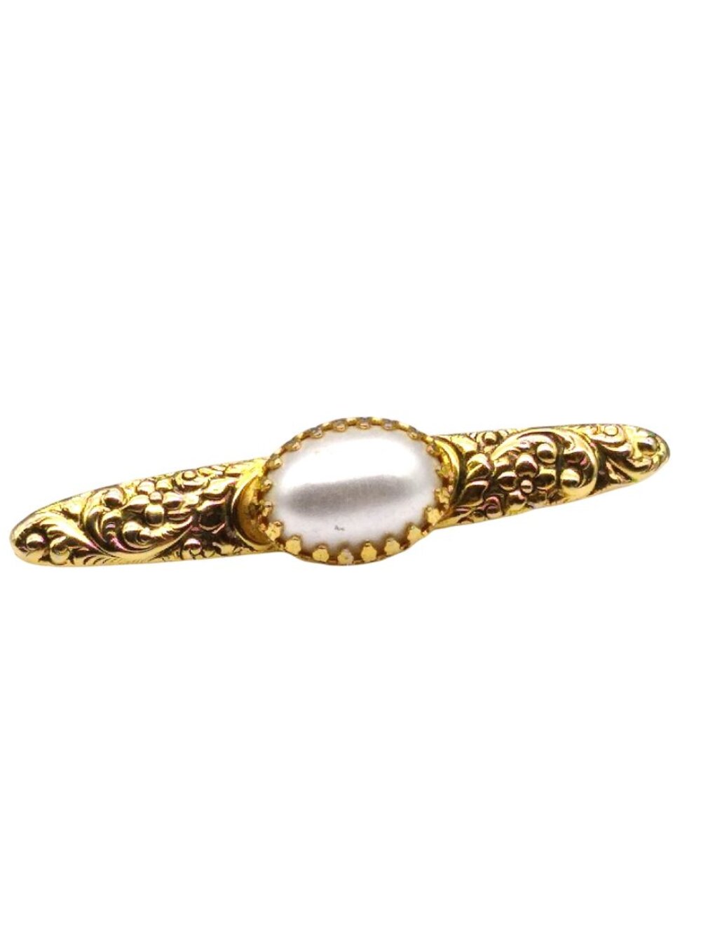 Vintage Repousse Bar Brooch, Gold Tone Hearts and Swirls Lapel Pin w Faux Pearl